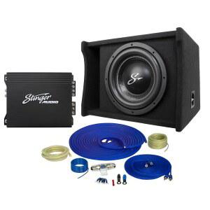STINGER 오디오 파티 팩 - 싱글 10인치 700W RMS / 1200W 최대 적재 포트 통풍 서브우퍼 인클로저 박스 베이스 패키지, 모노블록 앰프 및 앰프 배선 키트 | 자동차 오디오 베이스 번들