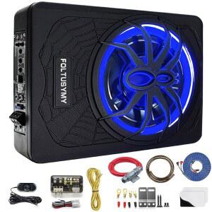 FOLTUSYMY 1200W 10인치 슬림 언더시트 전동차 서브우퍼, 고/저레벨 입력, 카/트럭 오디오 서브 내장 앰프 콤보 패키지, 블루 LED 조명 포함