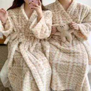 여성가운 남녀 베이지 하운드체크 로브 가운 극세사 커플가운