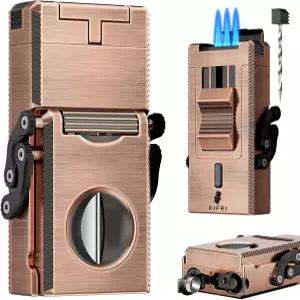 트리플 제트 화염이 있는 IFEI 5in1 컷 라이터브론즈 펀치 방풍 커터 V 드로 선물 상자가 시가 접이식