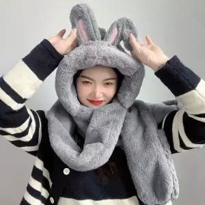 토끼귀 장식 후드 일체형 목도리 장갑 세트 방한 보온 귀여운 캐릭터 겨울용품
