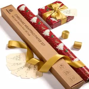 새틴 리본과 기프트 태그가 있는 비탈리자트 크리스마스 포장지 롤 세트 17인치 트리가 빨간색 리버서블