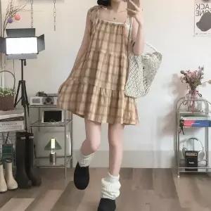 [입꼬]꼬모 빈티지 체크 스트랩 끈 나시 뷔스티에 길이조절 원피스 레이어드