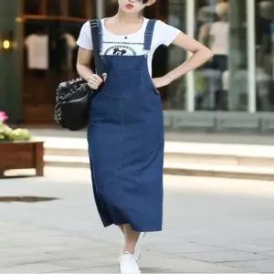 여성 멜빵스커트 데님 멜빵치마 진청 롱스커트 캐주얼 (HSJ-WFJGD62)
