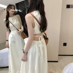 여성 여름 심플 시크 홀터넥 허리 백 트임 롱원피스