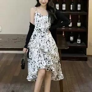 여성 여름 로맨틱 러플 플레어 서스펜더 드레스 원피스