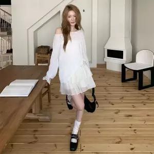 [하프클럽/]여성 혼합 시스루 레이어드 프릴 미니스커트