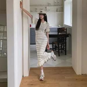 [신세계라이브쇼핑][옷자락] 여자 여름 스트라이프 카라 니트 롱원피스