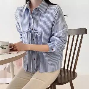 [하프클럽/]여성용 스트라이프 핀턱 리본 카라 셔츠 봄철 면 블라우스