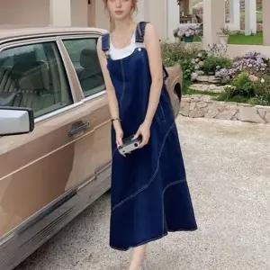 여성 캐주얼 멜빵 청 데님 A라인 롱 원피스 드레스