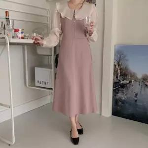 여자 프릴 카라넥 허리 스트랩 로맨틱 롱 원피스