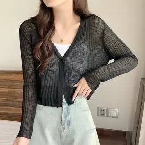 여성 시스루 간절기 얇은 브이넥 시원한 가디건 크롭 니트 숏니트