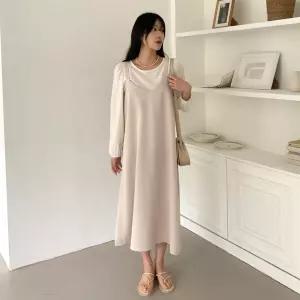 여자 라운드넥 쉬폰 퍼프 뷔스티에 원피스 세트