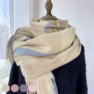 남여공용 간절기 체크 무늬 머플러 URD-243 밑단수술 겨울 목도리 여성 베이지 핑크 그레이 연핑크 캐시미