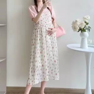 아레니아 끈나시 원피스 롱 임산부 여성 여름 룩 플라워 오프숄더 꽃무늬 임부복 V넥 중년 휴양지 K1825 바