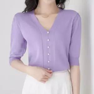 [셀러에이드]레이디스 쿨시즌 하절기 브이칼라 숏슬리브 뜨개탑 티셔츠 유니크