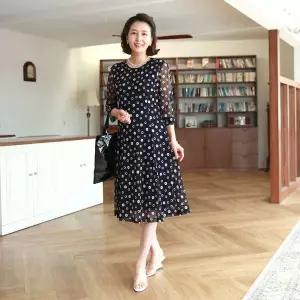 [하프클럽/쉬즈마담]N2673 링동글 망사스판 플에어 원피스 50대 엄마옷