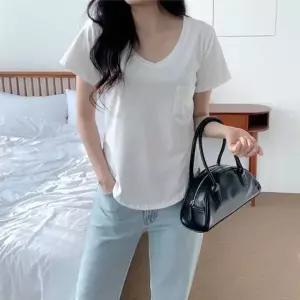 [골드스마일]레이디 여름철 블라우스 V라인 베이직솔리드포치 스판덱스 하프티