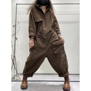 여성 빈티지 와이드 점프슈트 가을 캐주얼 빅사이즈 팬츠