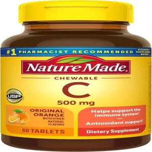 자연이 만든 씹을 수 있는 비타민 C 500mg 면역 지원을 위한 식이 보충제 60정 60일 공급