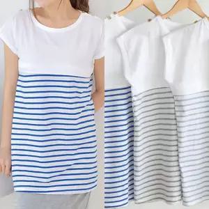 [보리보리/마미누리]반팔 수유티 지퍼형 여름 스트라이프 배색 어깨단추 면100