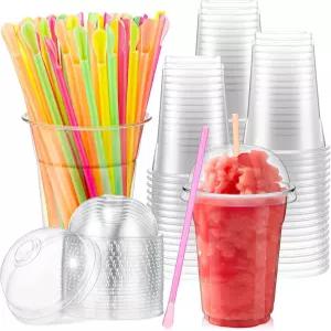 리얼네이브 100 세트 돔 뚜껑과 스노우 콘 스푼 빨대가 포함된 16온스 투명 슬러시 컵 파티용 스 커피 콜드