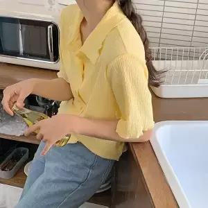 핫핑 라비크 링클주름 카라 반팔 러플가디건 블라우스