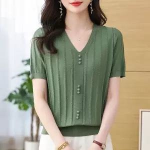 여자 니트 봄 티 브이넥 얇은 상의 브이넥티 반팔 여름옷 쿨링 KS2