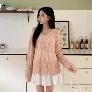 여자 브이넥 뒤끈 꽈배기 그물 긴팔 니트