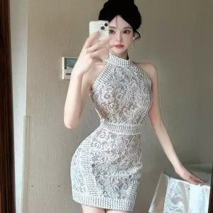 원피스 치마 미니 여성 여름 빈티지 러블리한 레이스 프렌치 펀칭 홀터넥 오프숄더 슬림 드레스 인기2