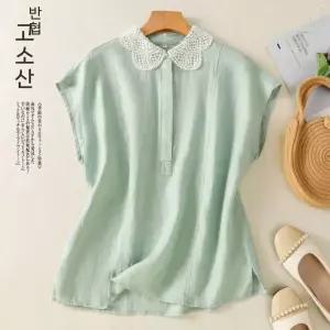 지니코코 여름 여친 면 롱루즈핏 네모단추 소매 티 린넨 레이스 셔츠 펀칭넥 ADOR2