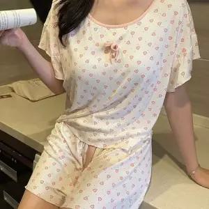 하계 커플잠옷세트 하트 파자마 라운드 반팔 반바지 패드 실내복 세트 ible2