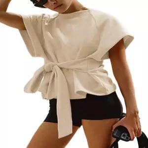 지요니 여성 여름 반팔 티 티셔츠 크루넥 넥타이 매듭 상의 스웨트셔츠