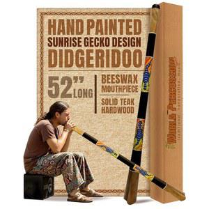 솔리드 우드 디저리두 52인치 길이, 밀랍 페인팅 열쇠, USA의 C-E의 선라이즈 마우스피스, 핸드 월드 디자인, 퍼커션 내구성 마감 있는 게코 래커 클리어