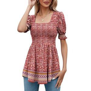 로몬 여성 튜닉스 스퀘어 넥 퍼프 반팔 스모킹 탑 레이디스 페플럼 블라우스 티셔츠 2025 봄 여름 S-XL