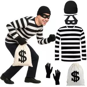 할로윈 강도 코스튬 세트 티셔츠 캡 머니 백 장갑 및 아이 마스크 성인용 할로윈 코스프레 파티 롤 플레잉,