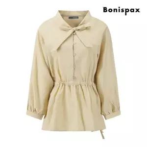 [보니스팍스](대구신세계)리본넥 밴딩 페플럼 셔링 블라우스 (XQ2SH002M0)