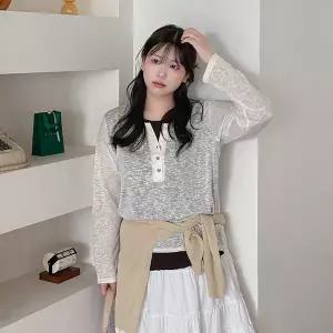 [빅사이즈]이블렛 테리플 배색 레이어드 버튼 티셔츠 제이스타일