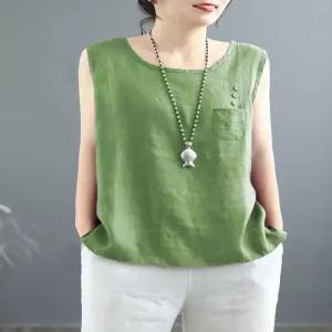 민소매 린넨스타일 그린 엄마옷 상의 라운드넥 중년