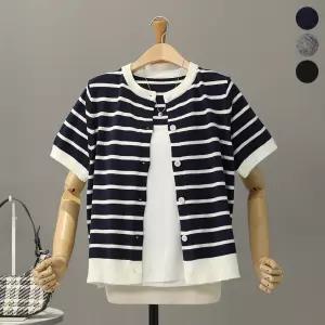 [모노시크] 에리트 단가라 배색 반팔 니트 가디건_MNKT326