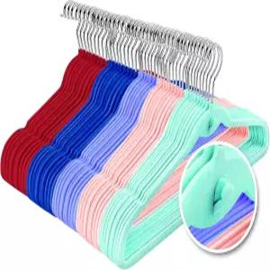 미니 후크가 달린 멀티 컬러 프리미엄 벨벳 옷걸이 50팩 미끄럼 방지 공간 절약 계단식 5가지 색상 핑크