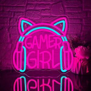 무탕크 게이머 걸 고양이 헤드폰 네온사인, 게임룸 네온사인 USB 전원 게임 사인 LED 디밍블, 게이밍룸 침실 및 캣 이어 남성 동굴 장식(13.3 * 12.2인치)