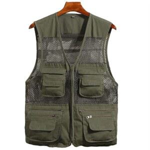 [BRANII] 피싱 베스트, 메쉬 베스트 남성용 여름용, 내구성 멀티 포켓 야외에서 빠른 건조성 재킷, 경량 통기 거스름돈 촬영 산책 다기능 작업용 등산 계류 사격 대형 사이즈 지퍼 야외 작업복 색상: 그린, 사이즈: