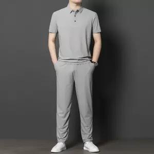 아이언하트 바지 남자 캐주얼 투피스 셔츠 여름옷 솔리드 세트 쿨링 트레이닝복 반팔 반팔세트 중년 칼라 K
