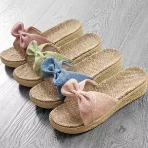 준캡  굽있는 거실실내화 통굽슬리퍼 왕골슬리퍼 린넨리본(굽4cm)