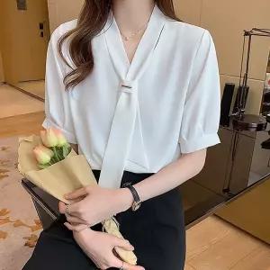 오피스 넥 타이 노카라 하객룩 여성 반팔 블라우스