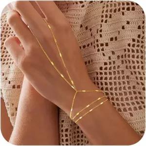 여성용 유스틸 핸드 체인 팔찌 - 14K 금도금 핑거 링 레이어드 트렌디한 링크 주얼리 선물