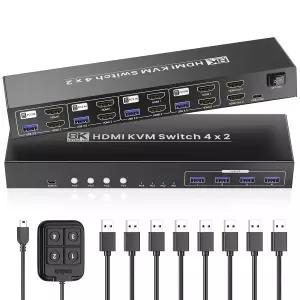 8K@60Hz HDMI KVM 스위치 2 모니터 4대 USB 3.0 허브 4포트 듀얼 4대용 키보드 마우스 1세트 공유