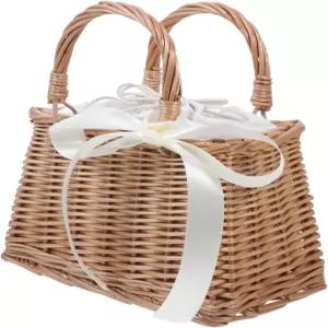 흰색 리본이 달린 UKCOCO 작은 위커 꽃바구니 지갑 여성 및 소녀용 직조 라탄 핸드백 여름 해변용 사각