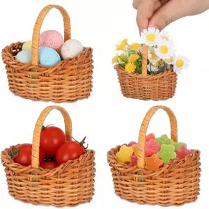 손잡이가 달린 이펫붐 미니 직조 바구니 - 인형의 집 장식 결혼식 파티를 위한 작은 라탄 꽃 DIY 공예